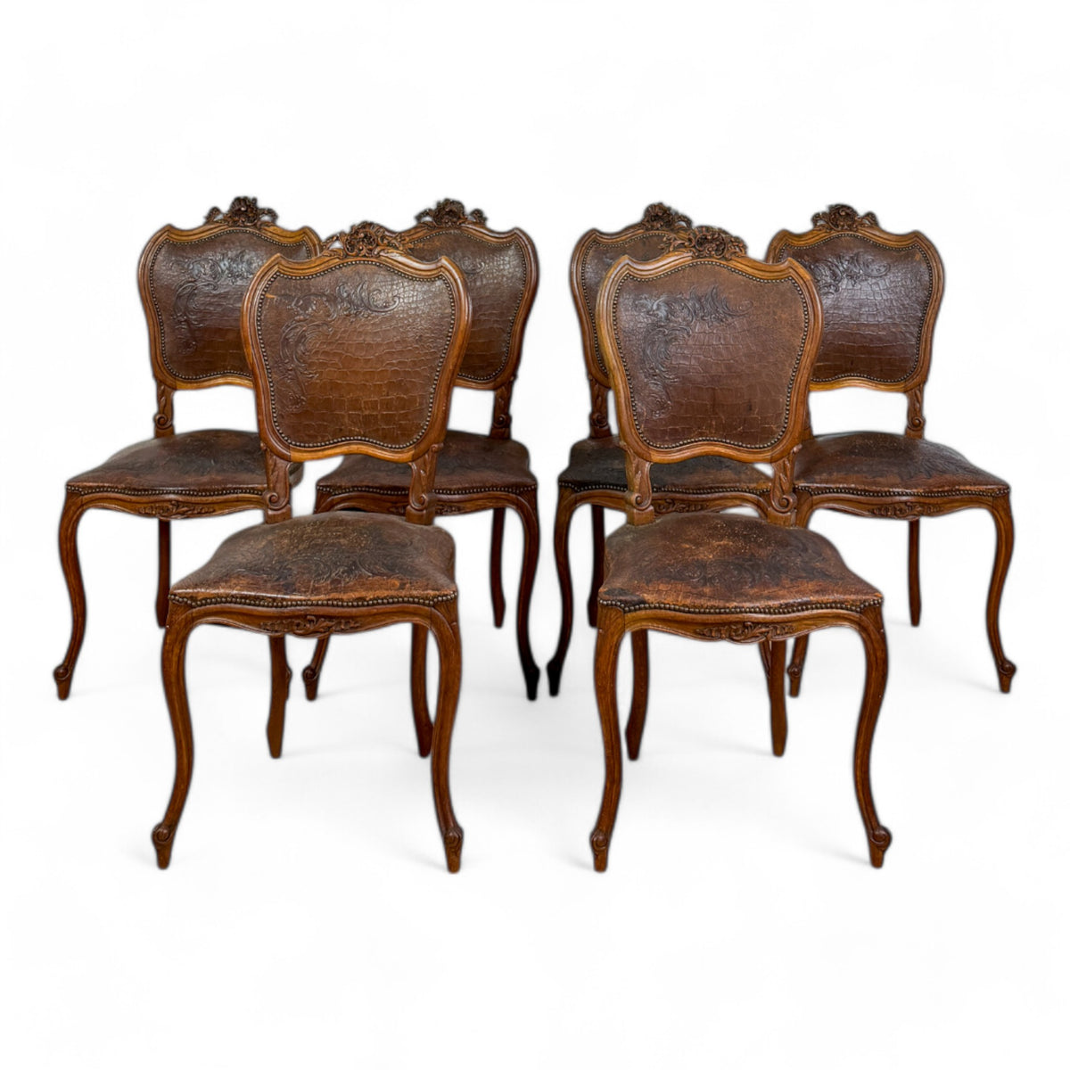 Louis XV Dining Chairs with Croc Leather - Set of 6