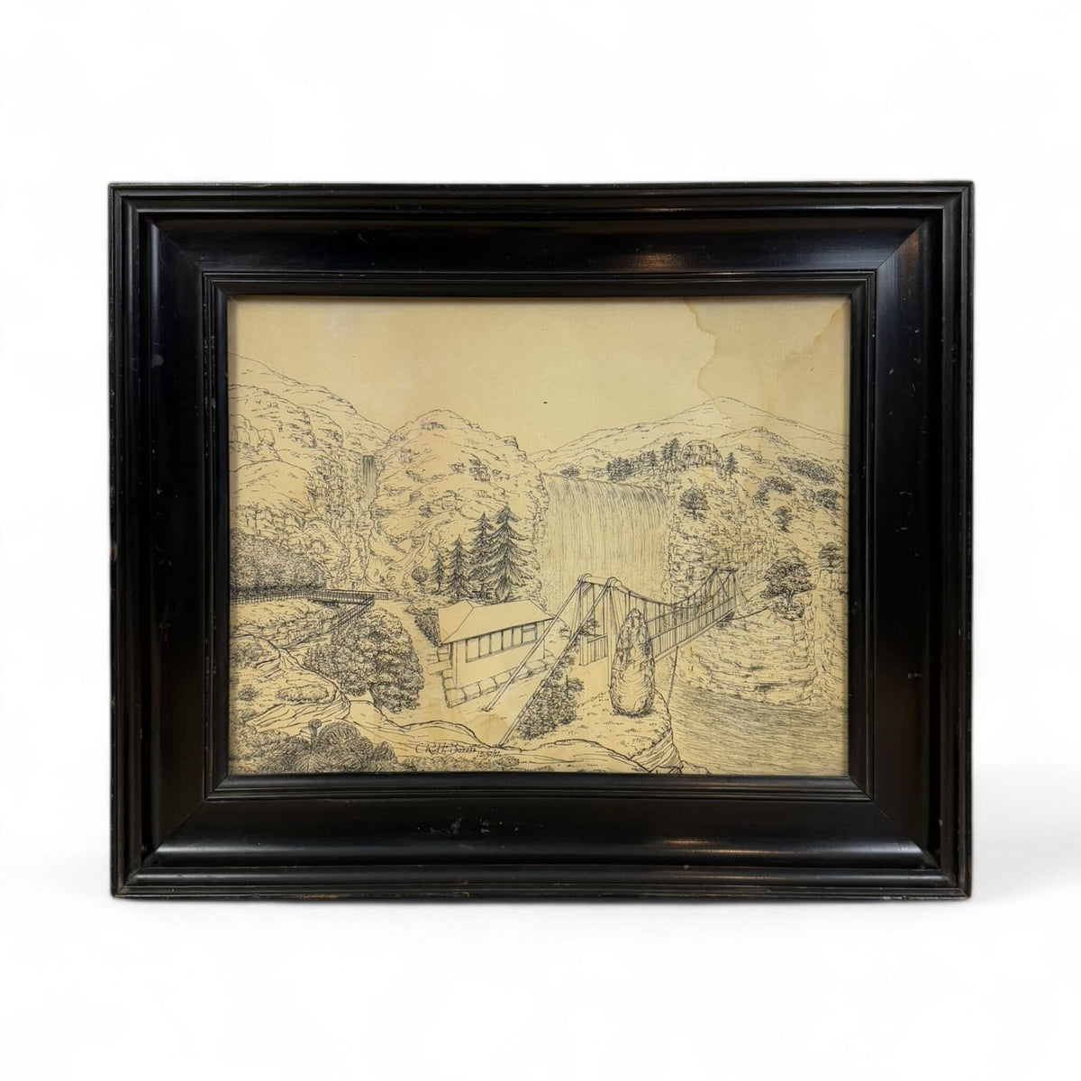 Suspension Bridge Ink Drawing in Black Wooden Frame